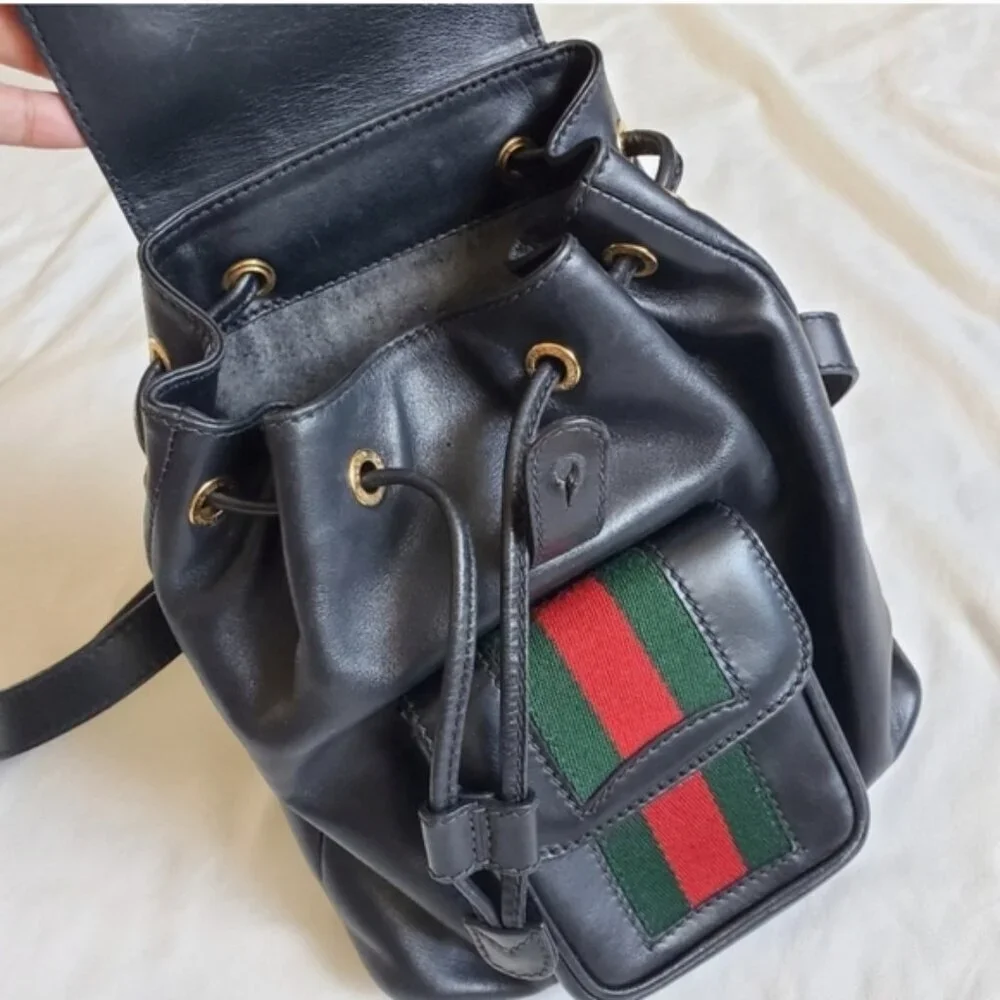 Authentic Vintage Gucci Bamboo Mini Backpack Black Leather Web Detail - Picture 7 of 15